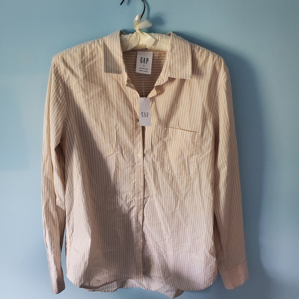 Gap Button Down Shirt Medium Women's Classic Khaki White Stripe Cotton Long Slv